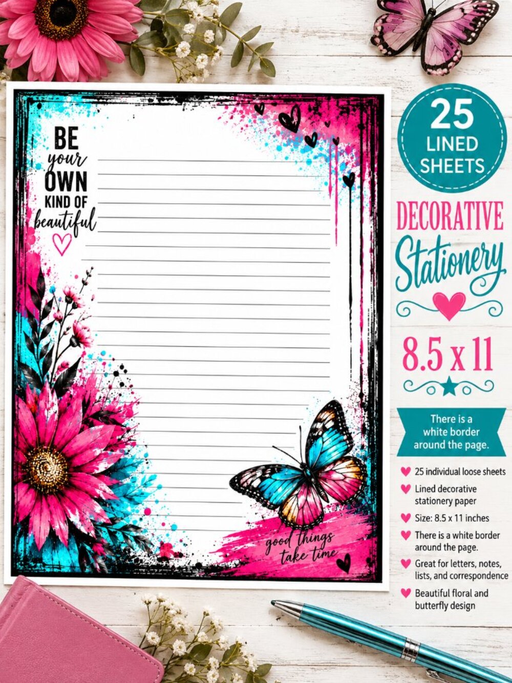 Be Your Own Kind of Beautiful Decorative Stationery 25 Lined Sheets 8.5x11
